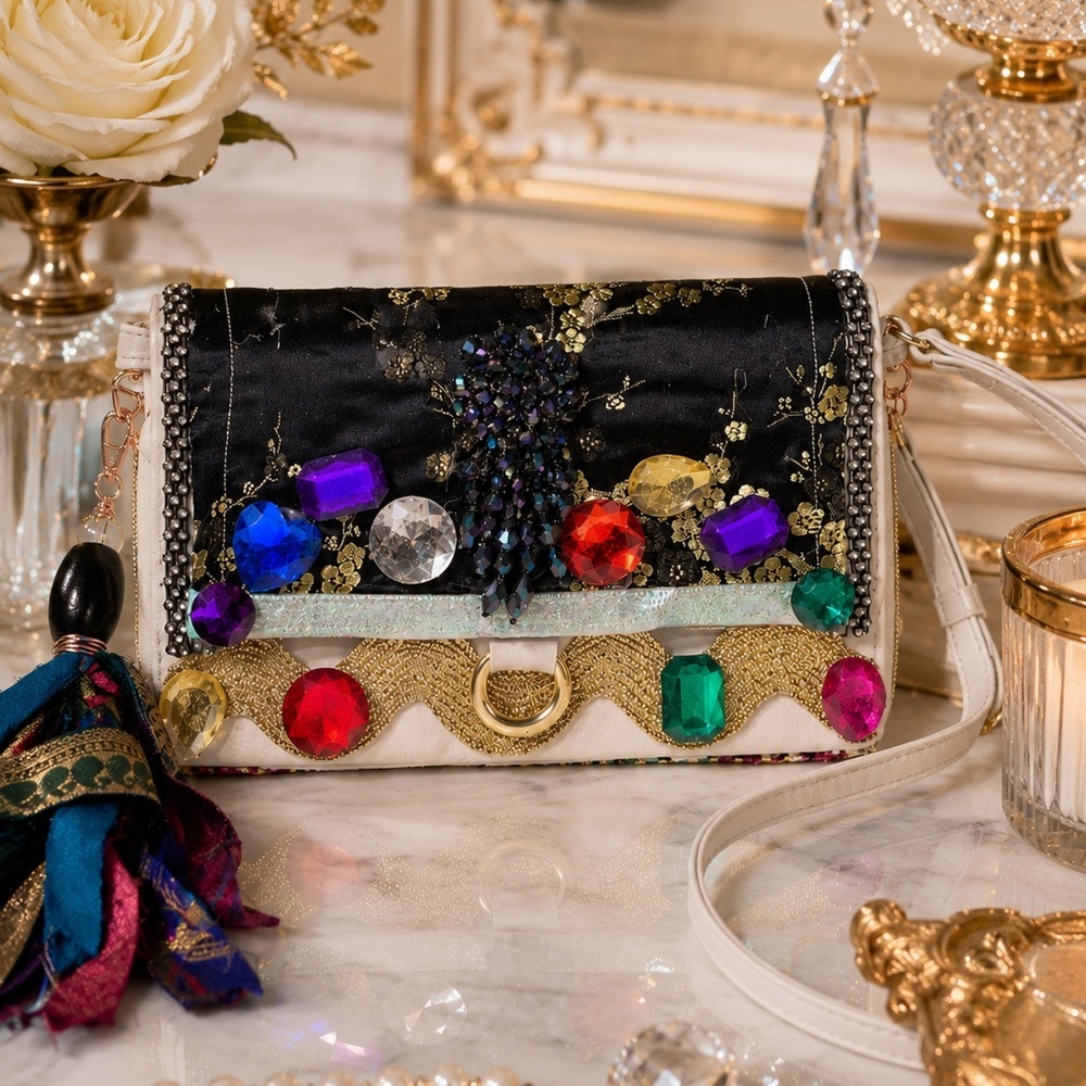 💎 RUBYRUDI Jewel Box Crossbody 💎 Embellished Multi-Gem Clutch Purse Up Cycled